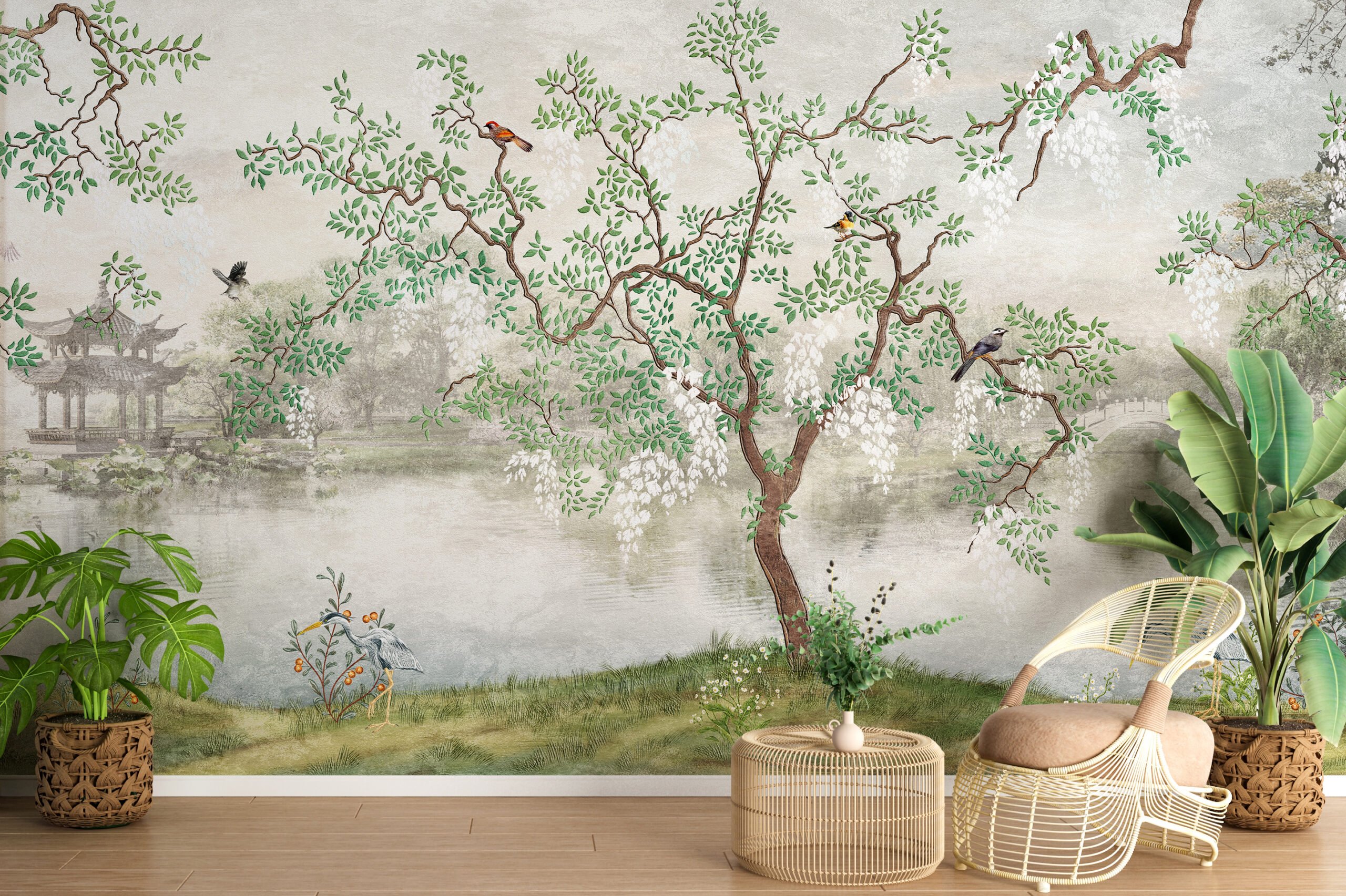 Tree Birds Japanese Garden Wallpaper