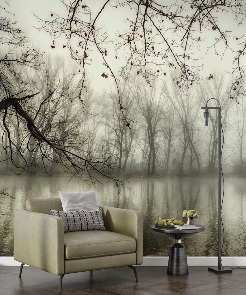 Foggy Forest Reflection Inside The River Wallpaper