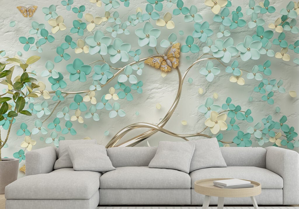 Flowers Golden Butterfly Living Room Wallpaper