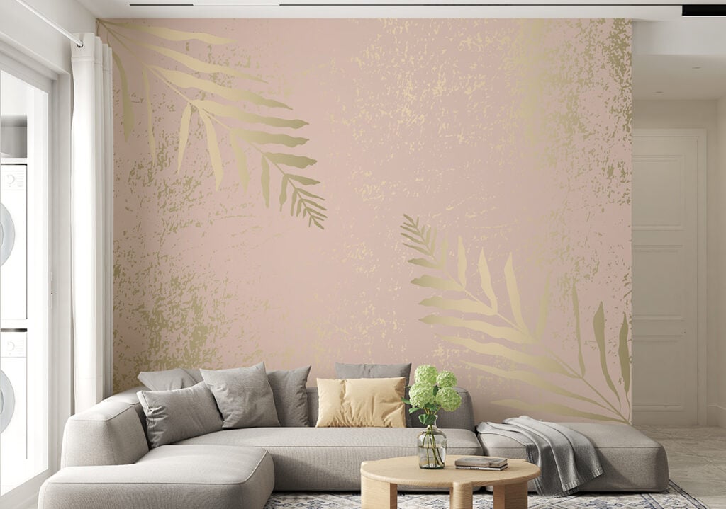 Abstract Leaves Pastel Pink Gold Color Wallpaper