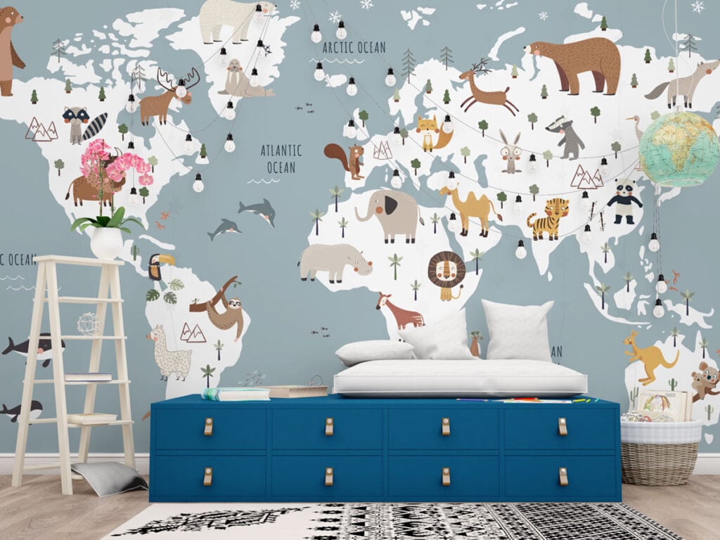 World Map With Animals Wallpaper Mural
