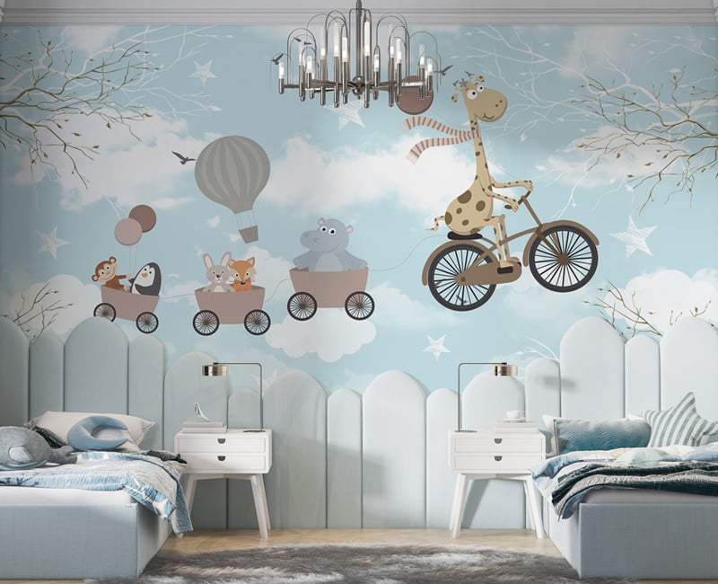 Blue Color Sky Safari Cycling Animal Wallpaper Mural