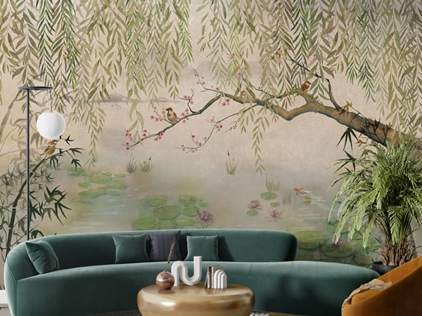 Green Hanging Leaves and Birds Wallpaper Murals
