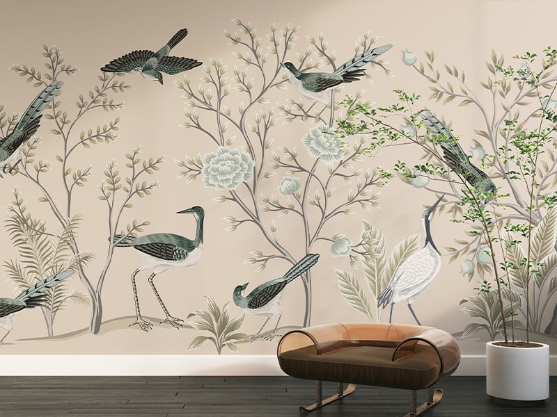 Removable Vintage Garden Tree Crane Birds Floral Wallpaper
