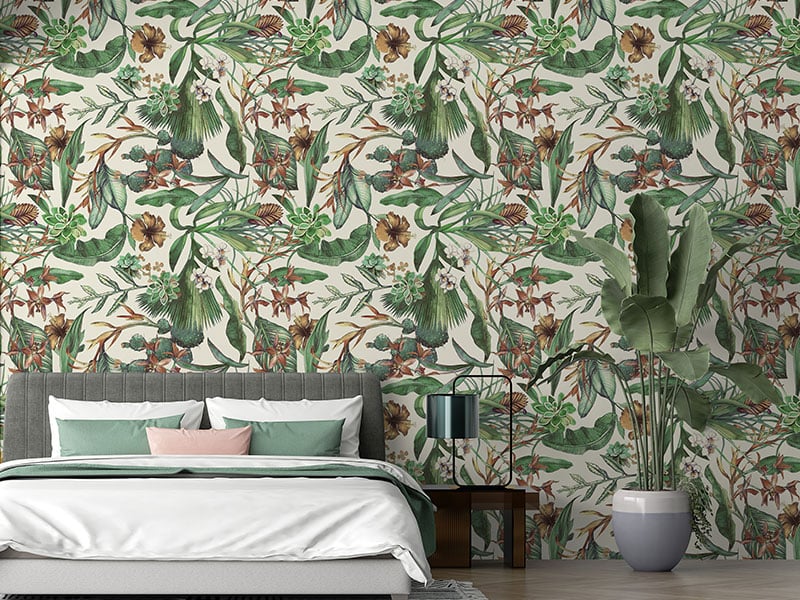 Banana Leaves Tropical Flower Repeat Pattern Wallpaper